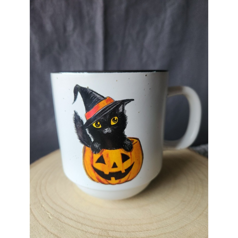 Cobwebs & Cauldrons Witchy Cat with Pumpkins Mug~Halloween Black‎ Cat